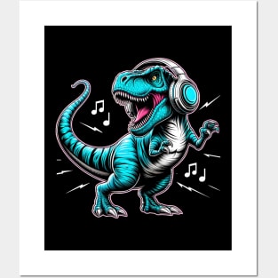 Dancing T-Rex with Headphone Posters and Art